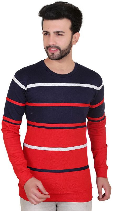 Men Striped Round Neck Cotton Blend Dark Blue, Red T-Shirt