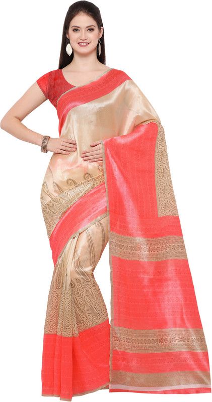 Printed Daily Wear Cotton Silk Saree  (Pink, Beige)
