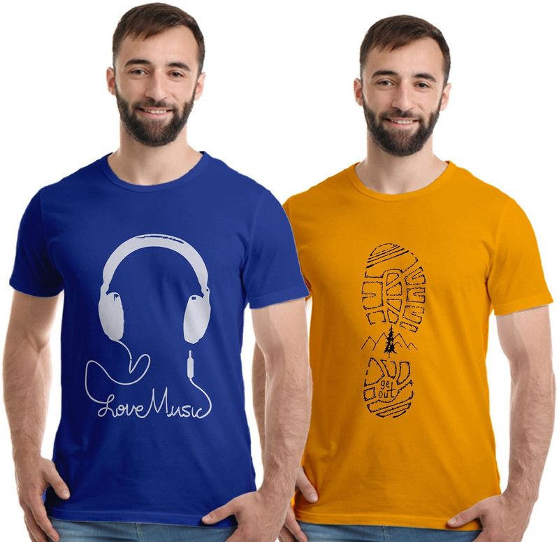 Pack of 2 Men Printed Round Neck Pure Cotton Light Blue, Gold T-Shirt