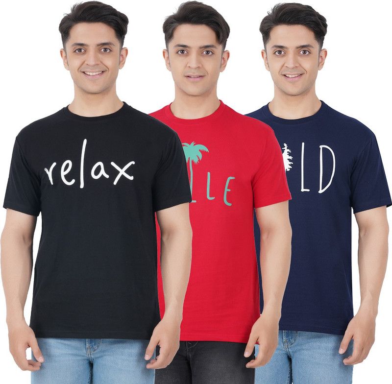 Pack of 3 Men's Printed Cotton Round Neck T-Shirt Black:Red:Navy Pack of 3 Men Printed Round Neck Pure Cotton Dark Blue, Red, Black T-Shirt