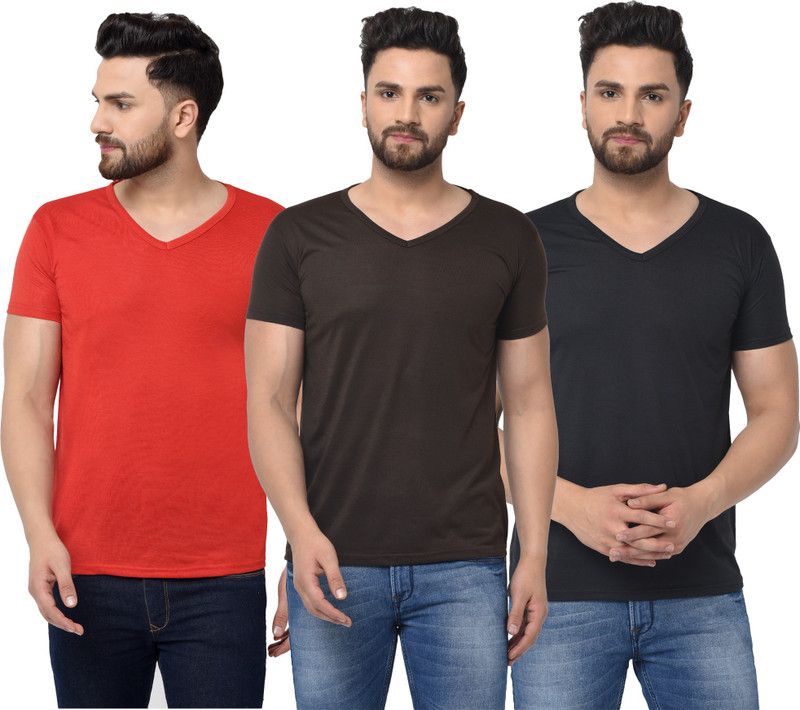 Pack of 3 V neck Combo T-shirts Multicolor Men Solid V Neck Cotton Blend Dark Blue, Red, Brown T-Shirt