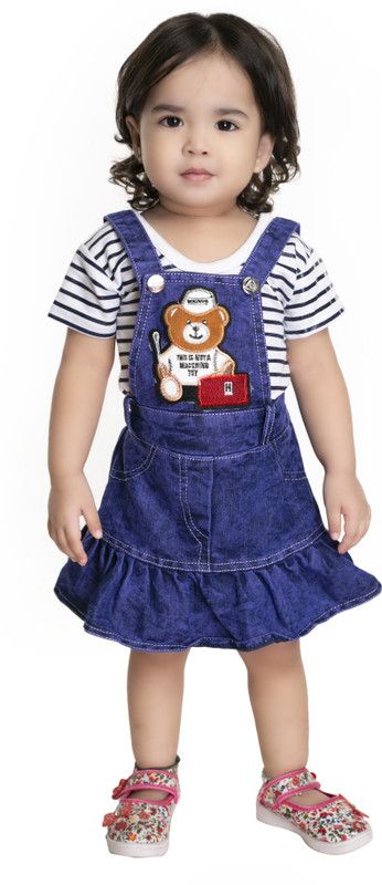 Dungaree For Baby Girls Party Striped Denim Blend  (Blue, Pack of 1)