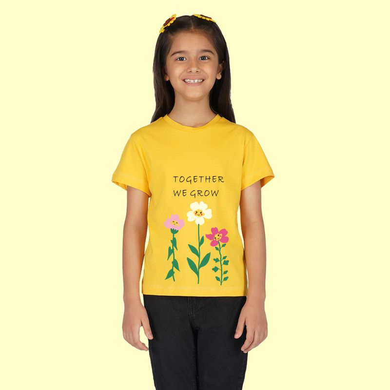 Girls Typography, Graphic Print Cotton Blend T Shirt  (Yellow, Pack of 1)