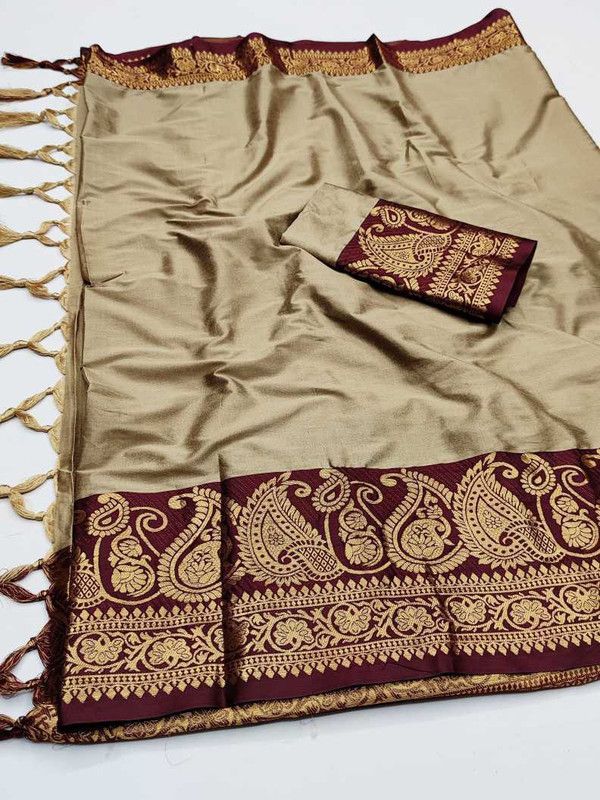 Self Design Dharmavaram Cotton Silk Saree  (Beige)
