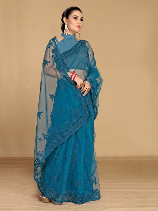 Embellished Handloom Net Saree  (Dark Blue)