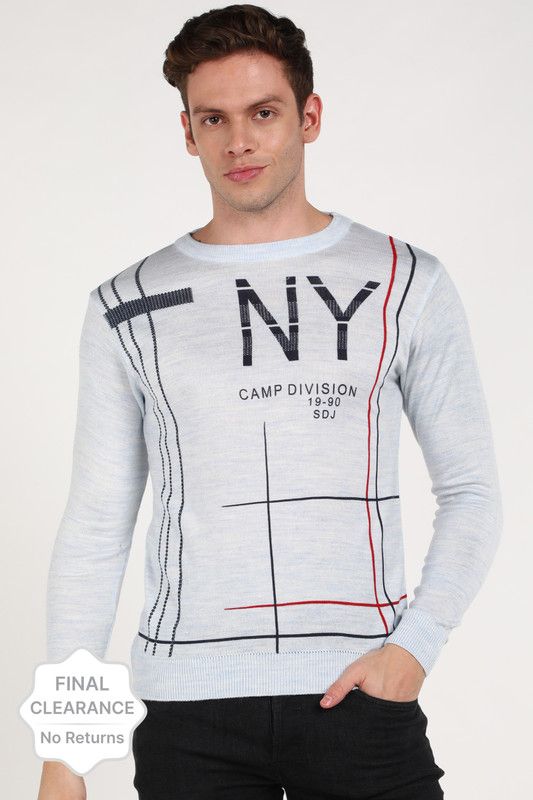 Men Printed Crew Neck Blue Sweater
