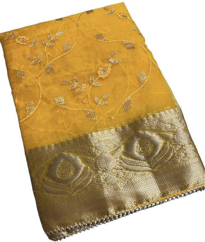 Woven Bollywood Silk Blend, Organza Saree  (Gold)