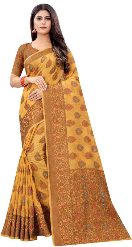 Woven Jamdani Art Silk Saree  (Orange)