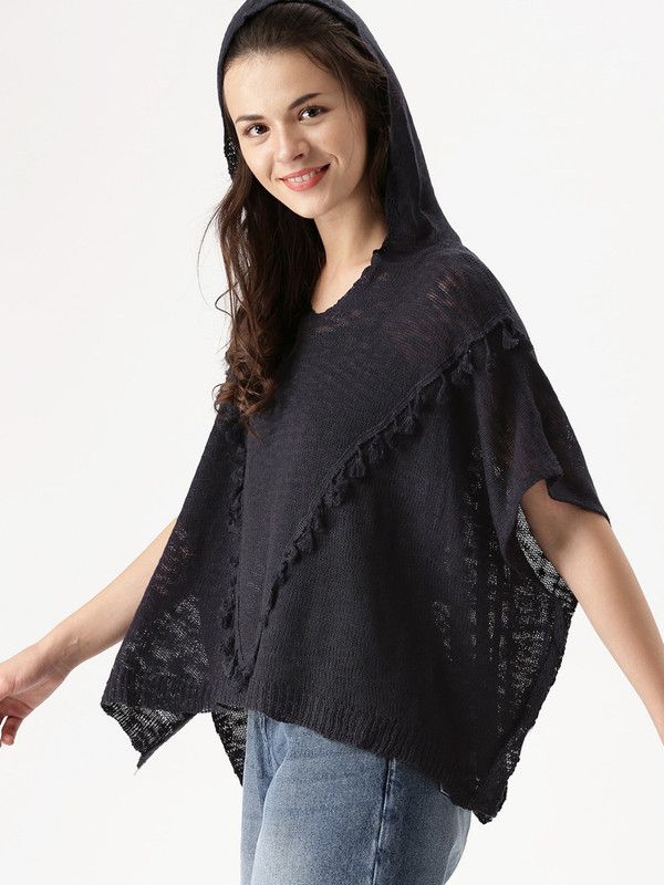 Women Self Design Dark Blue Sweater