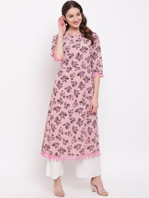 Women Floral Print Crepe Flared Kurta  (Pink)