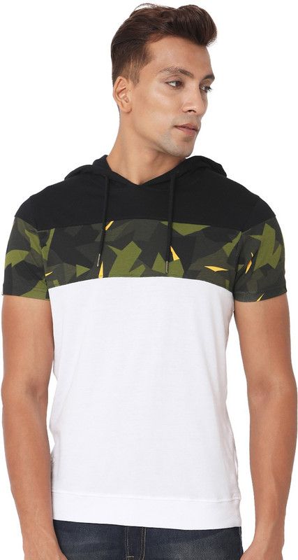 Men Colorblock Hooded Neck Cotton Blend Dark Green, White, Black T-Shirt