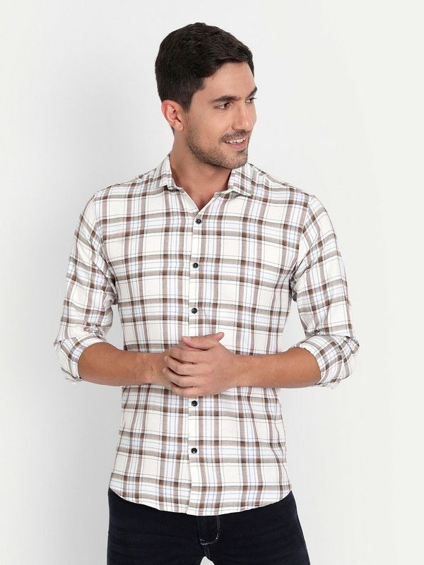 Men Checkered Casual White, Brown Shirt