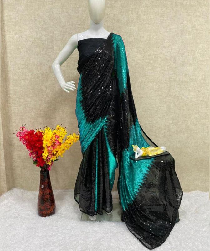Fashion Georgette Saree  (Black, Blue)