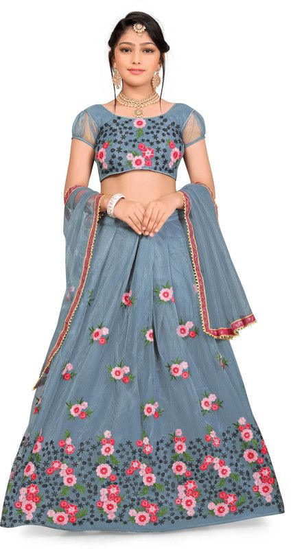 Girls Lehenga Choli Fusion Wear, Party Wear, Western Wear Embroidered Lehenga, Choli and Dupatta Set  (Grey, Pack of 1)