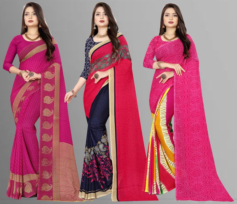 Printed Daily Wear Georgette Saree  (Pack of 3, Multicolor, Blue, Pink)
