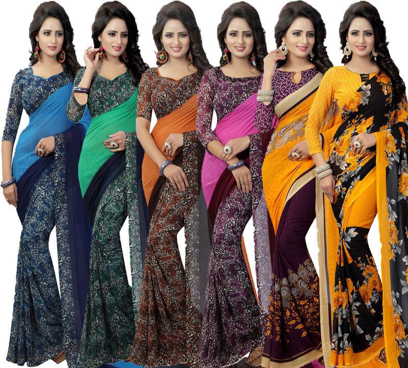 Printed Daily Wear Georgette Saree  (Pack of 6, Purple, Green, Blue, Pink, Orange, Yellow)