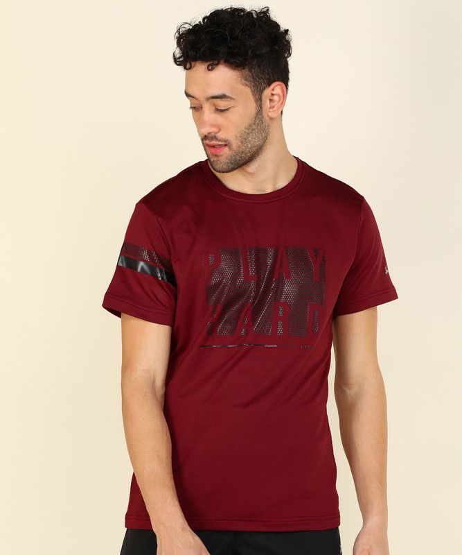 Men Printed Round Neck Polyester Maroon T-Shirt