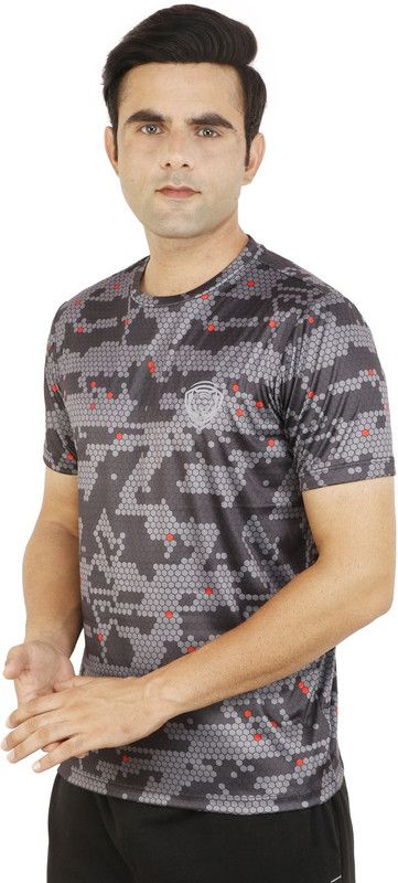 Men Printed Round Neck Polyester Black, Grey T-Shirt