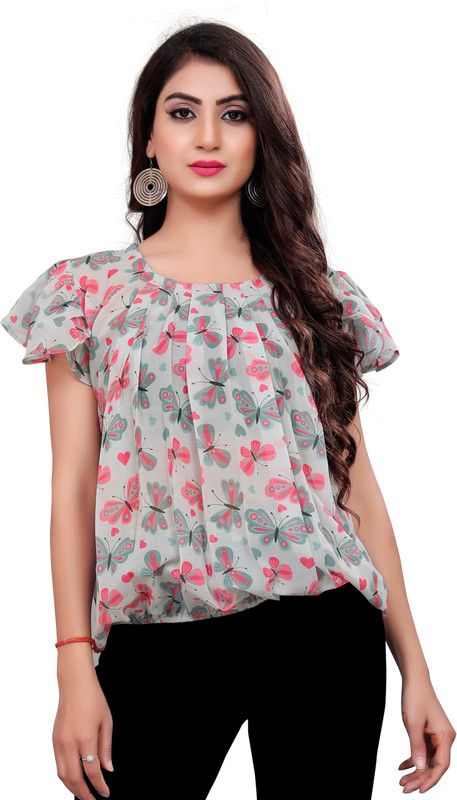 Party Butterfly Sleeves Floral Print Women Grey Top