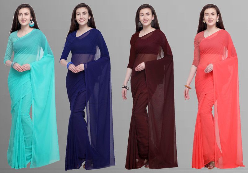 Solid/Plain Bollywood Chiffon Saree  (Pack of 4, Dark Blue, Light Blue, Brown, Pink)