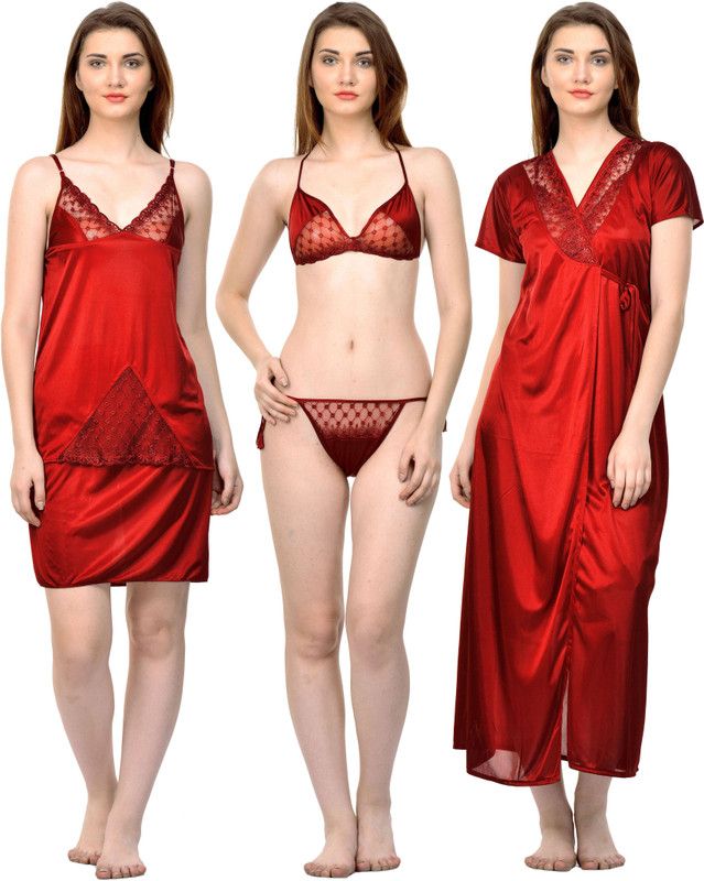 Pack of 5 Women Nighty with Robe  (Maroon)