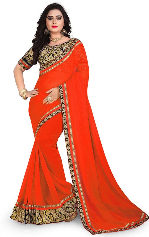 Embroidered, Solid/Plain Bollywood Georgette Saree  (Orange)