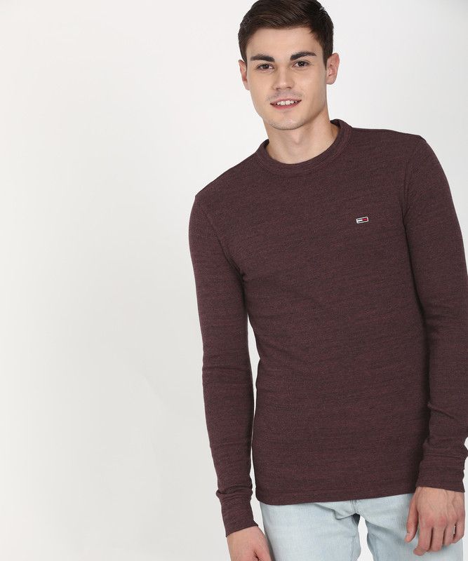 Men Self Design Round Neck Poly Cotton Maroon T-Shirt