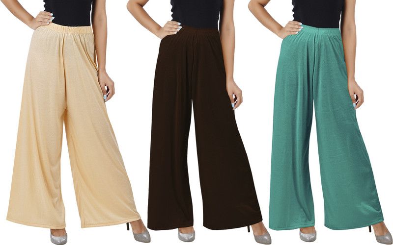 Pack of 3 Women Flared Beige, Brown, Green Cotton Blend Trousers