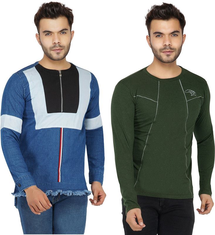 Men Printed Round Neck Pure Cotton Green, Blue T-Shirt