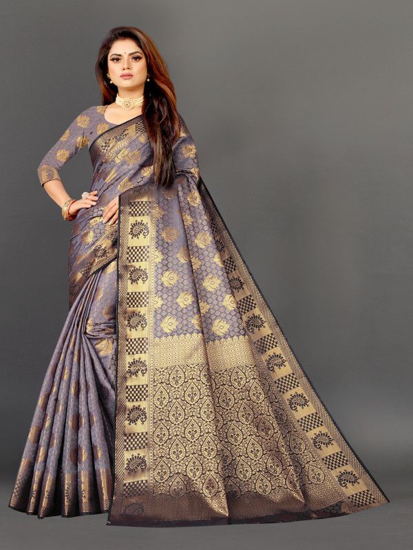 Woven Kanjivaram Jacquard, Cotton Silk Saree  (Grey)