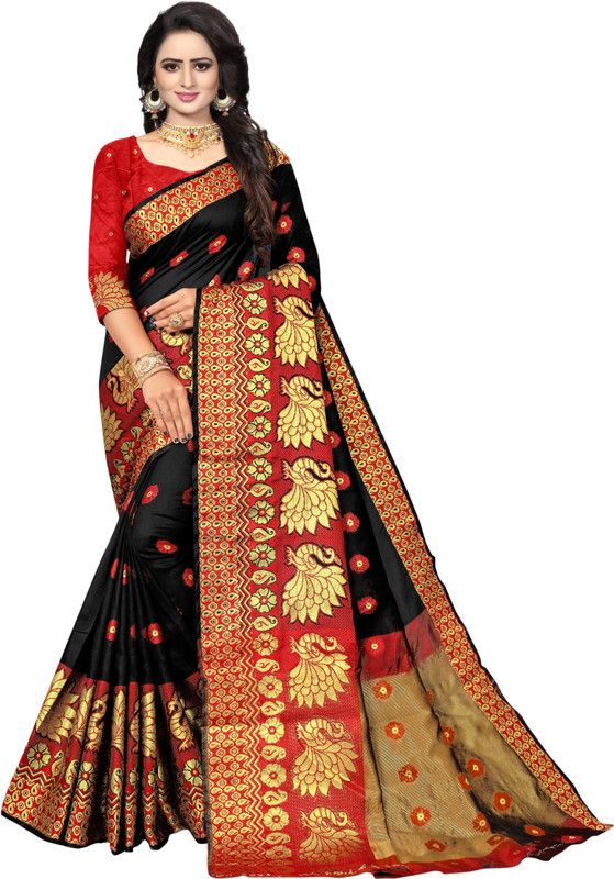 Woven Fashion Cotton Silk Saree  (Black)