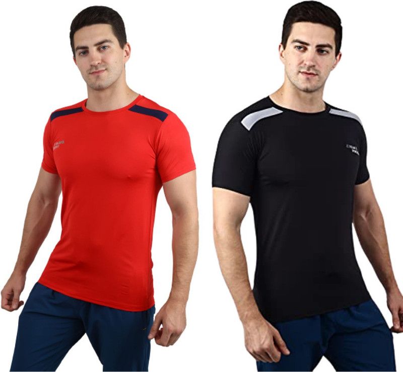 Pack of 2 Men Solid Round Neck Cotton Blend Red, Black, Grey T-Shirt