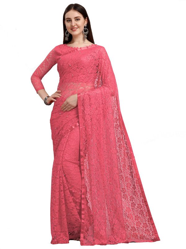 Printed Lucknow Chikankari Net Saree  (Pink)