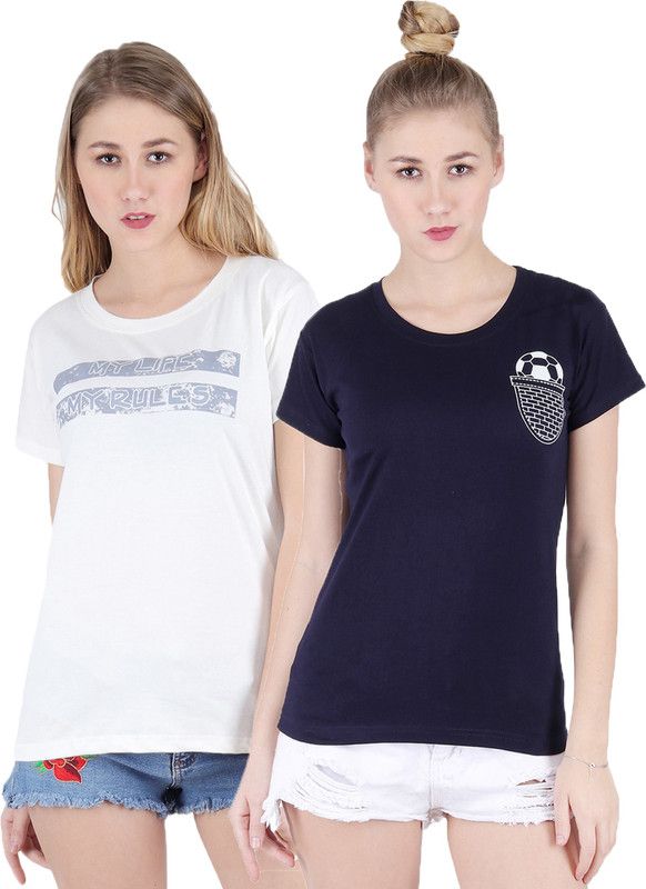Pack of 2 Women Cotton Cream, Navy T-Shirt ( Pack Of-2 Combo ) Women Printed Round Neck Cotton Blend Dark Blue, White T-Shirt