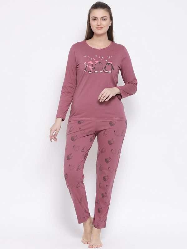 Women Top & Pyjama Set Purple Animal Print