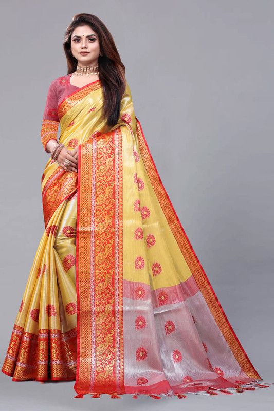 Kanjivaram Cotton Silk, Jacquard Saree  (Yellow)
