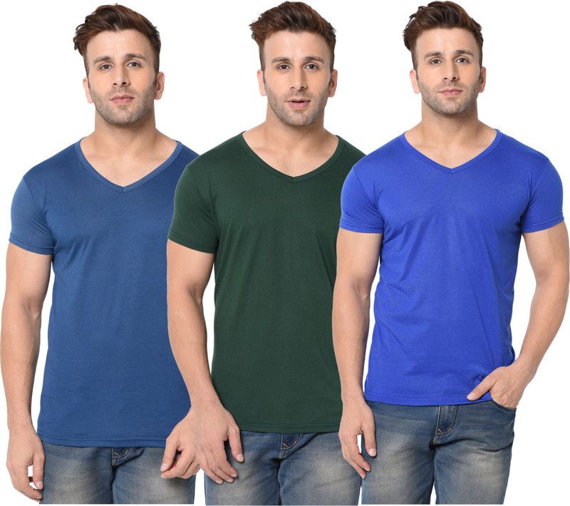 Pack of 3 Men Solid V Neck Cotton Blend Dark Blue, Dark Green, Blue T-Shirt