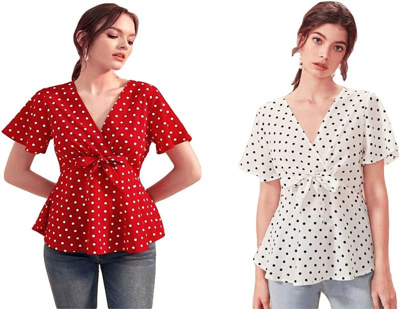 Pack of 2 Casual Batwing Sleeves Polka Print Women Red, White Top