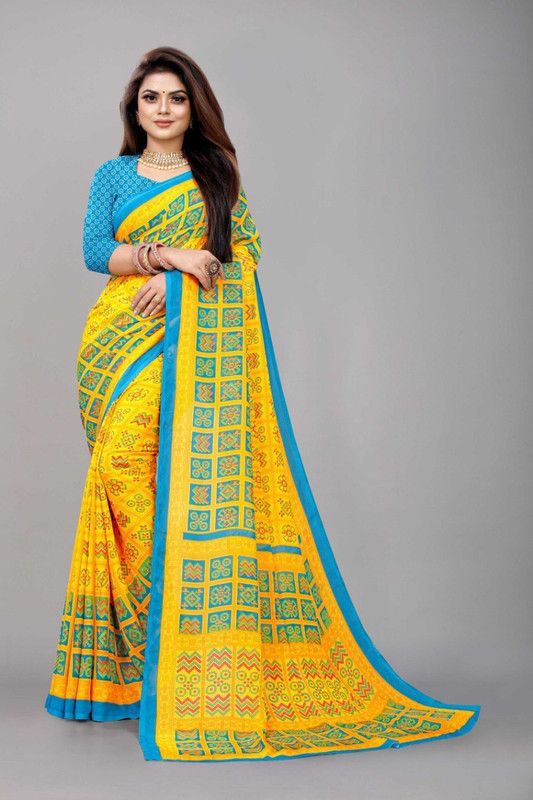 Printed Venkatagiri Georgette Saree  (Light Blue, Yellow)