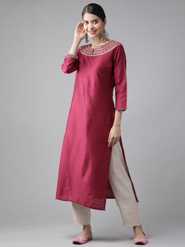 Women Embellished Polyester Straight Kurta  (Pink)