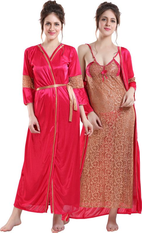 Pack of 2 Women Nighty with Robe  (Pink, Brown)