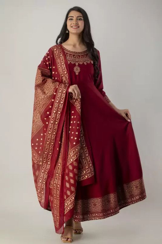 Women Printed Pure Cotton Anarkali Kurta With Attached Dupatta  (Black)