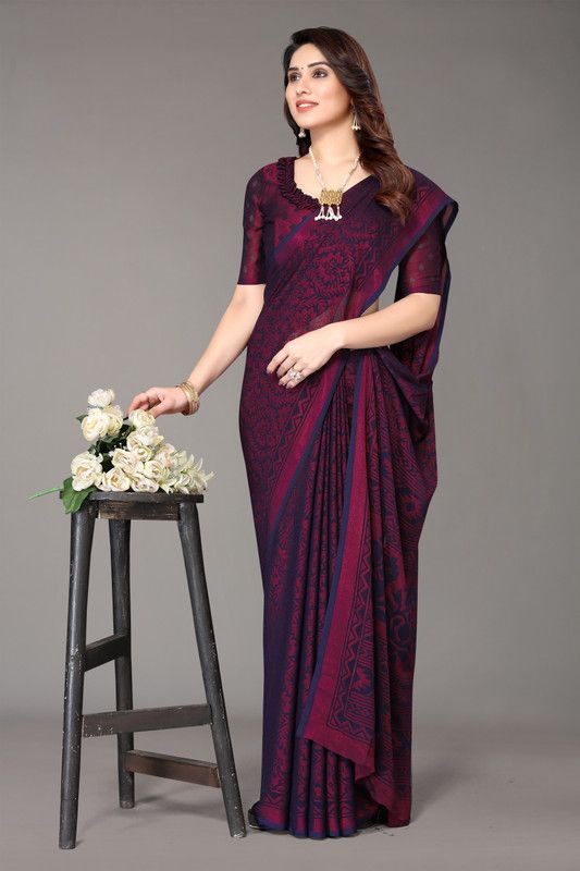 Printed Bollywood Chiffon, Brasso Saree  (Dark Blue)