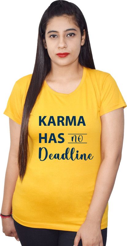 Karma Printed Women's Casual Round Neck Short Sleeve Solid Basic T shirt | black Top for women |Cotton T shirt | Top for women | Devotional T shirt Women Printed Round Neck Cotton Blend Yellow T-Shirt