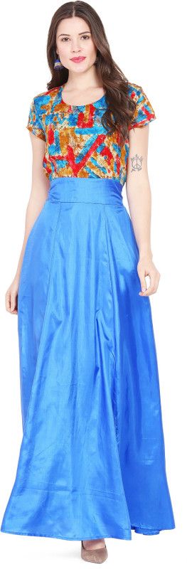 Printed, Solid Silk Blend, Cotton Blend Stitched Flared/A-line Gown  (Blue)
