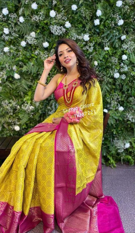 Woven Banarasi Pure Silk Saree  (Magenta, Yellow)