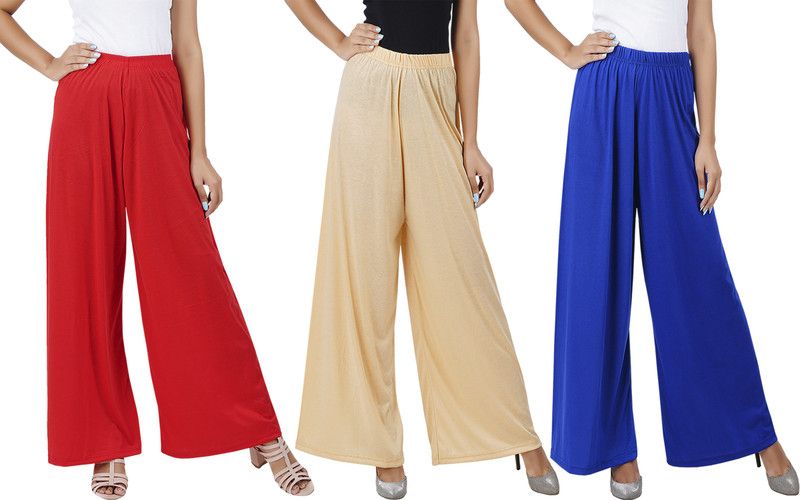 Pack of 3 Women Flared Red, Beige, Blue Cotton Blend Trousers