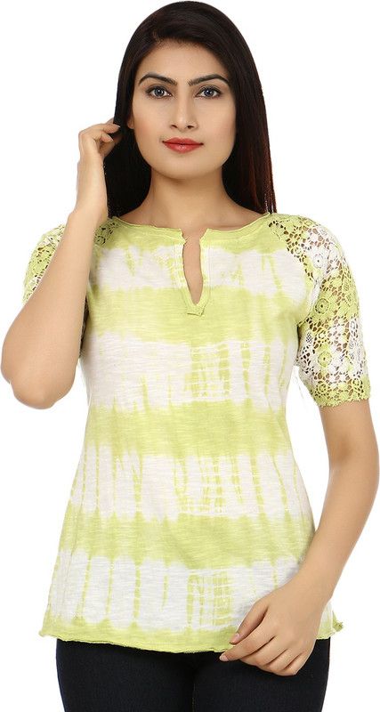 Casual Regular Sleeves Self Design Women Green, White Top