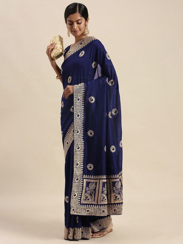 Embellished Bollywood Silk Blend Saree  (Dark Blue)