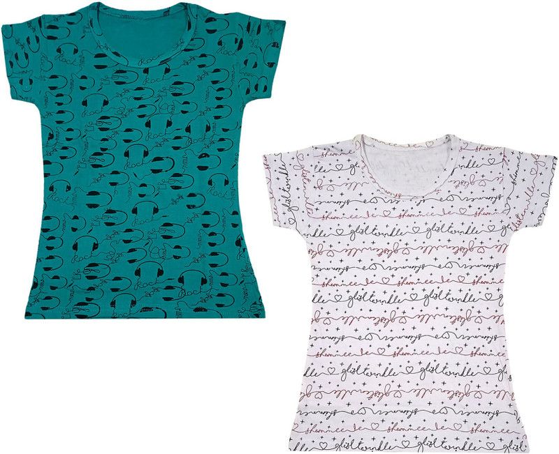 Girls Typography, Printed Pure Cotton T Shirt  (Multicolor, Pack of 2)
